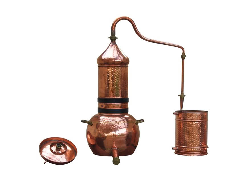 A copper alembic still used for distillation.