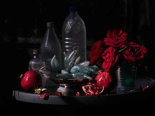 Still Life with My Mother's Roses, Pomegranates & Plastic Bottles, Ripiro 2013, By Fiona Pardington.