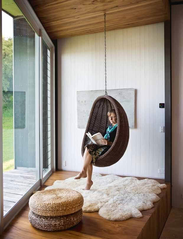 Isobel has a favourite corner of the house and often hangs in her swing chair keeping a careful eye on the 13 royal spoonbills that frequent Takahoa Bay.