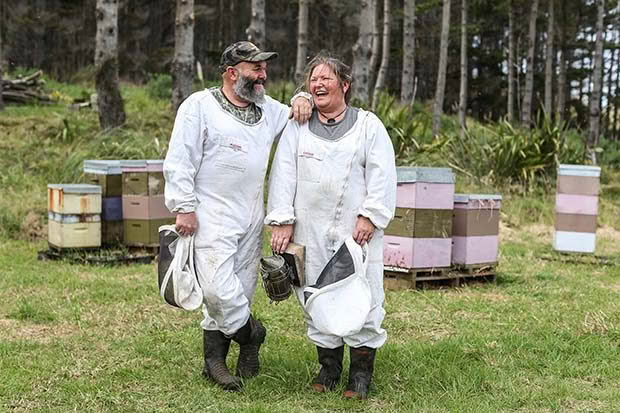 Terry & Karlene Shaw-Toomey. Beekeepers and owners of Earthbound Honey, Bethells Beach, West Auckland.