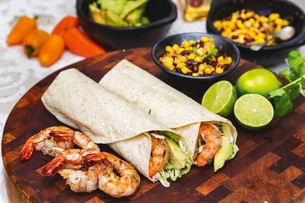 Chilli lime prawn burrito with coriander slaw