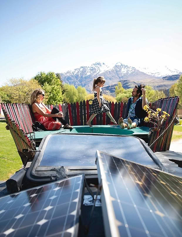 Two-hundred watt solar panels on the roof make enough power to run eight washing machines but who wants to do the laundry when you can sit on the deck Jonas built? Originally designed to take a spa, the logistics of filling and emptying proved ridiculous, so it's now a conversation pit filled with pillows and cushions and "plants people give us," says Mels.