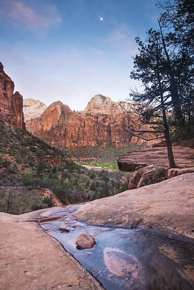 Moonrise from Middle Emerald Pool, Zion National Park, Utah.