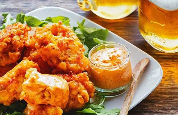 barbecue Shrimp & Corn Fritters with Sriracha Aioli