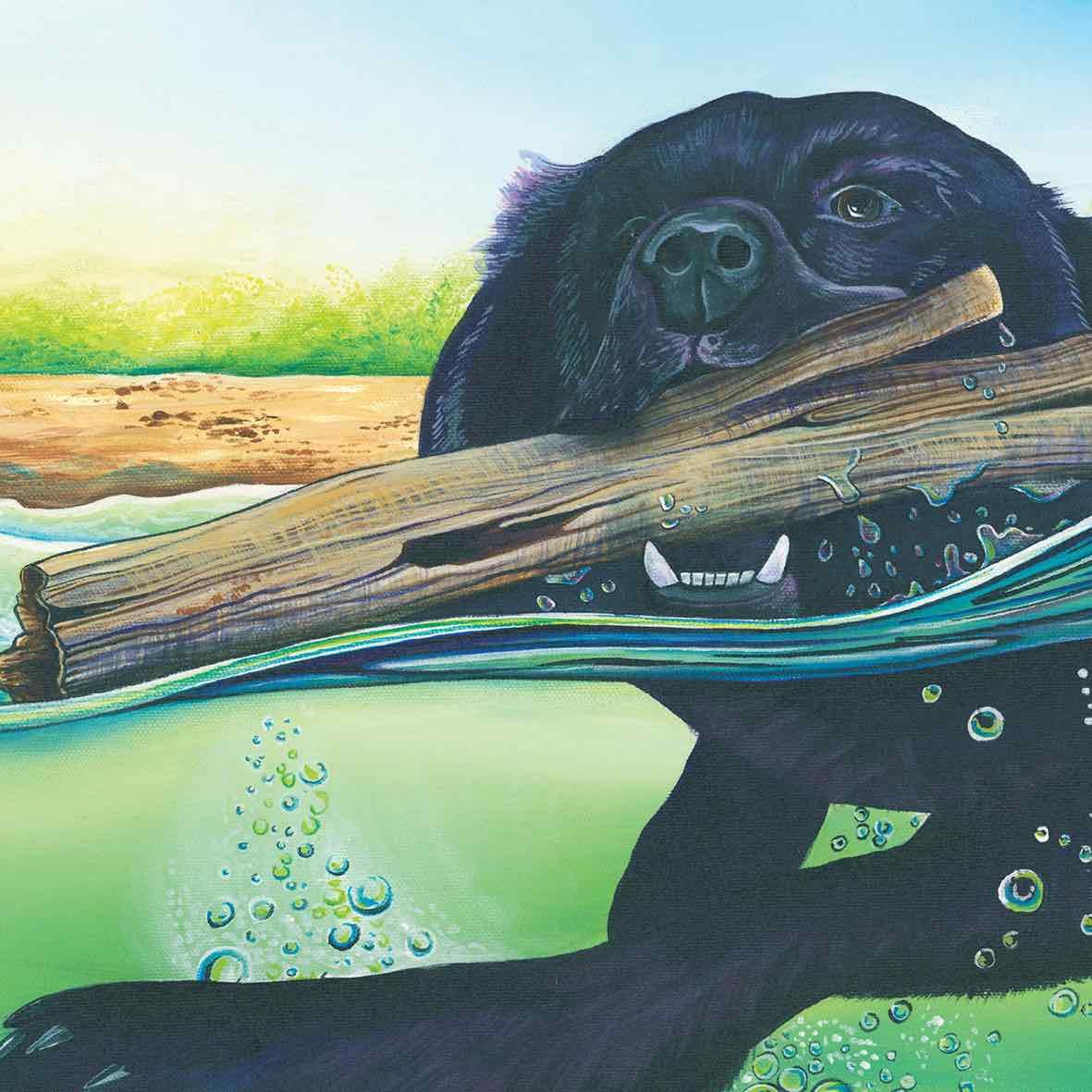 A painting of a black dog holding a log in its mouth