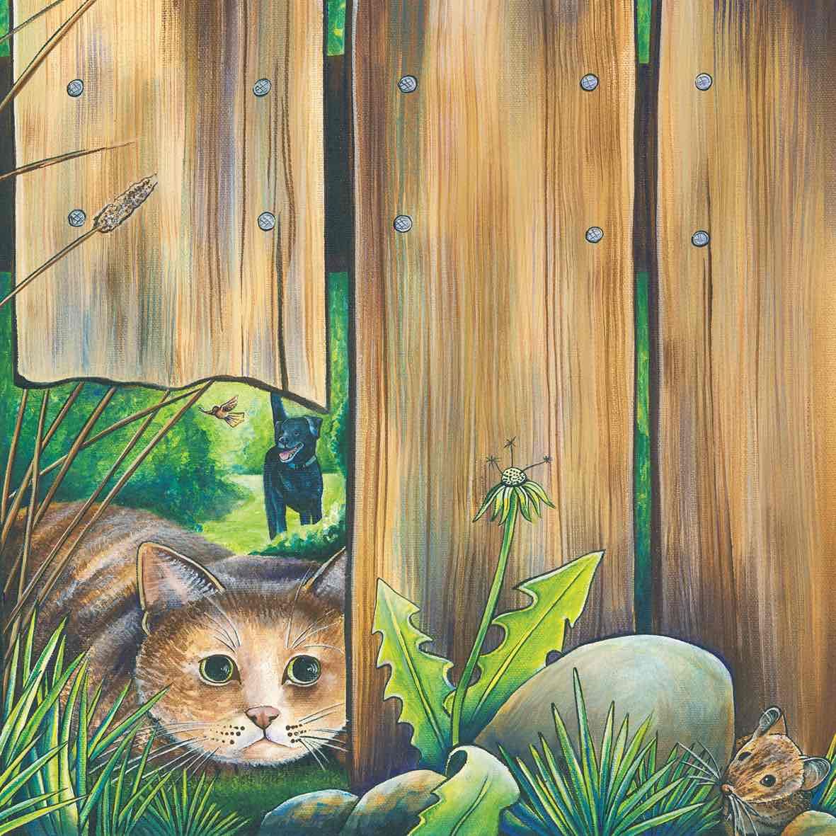 A painting of a cat peeking over a wooden fence.