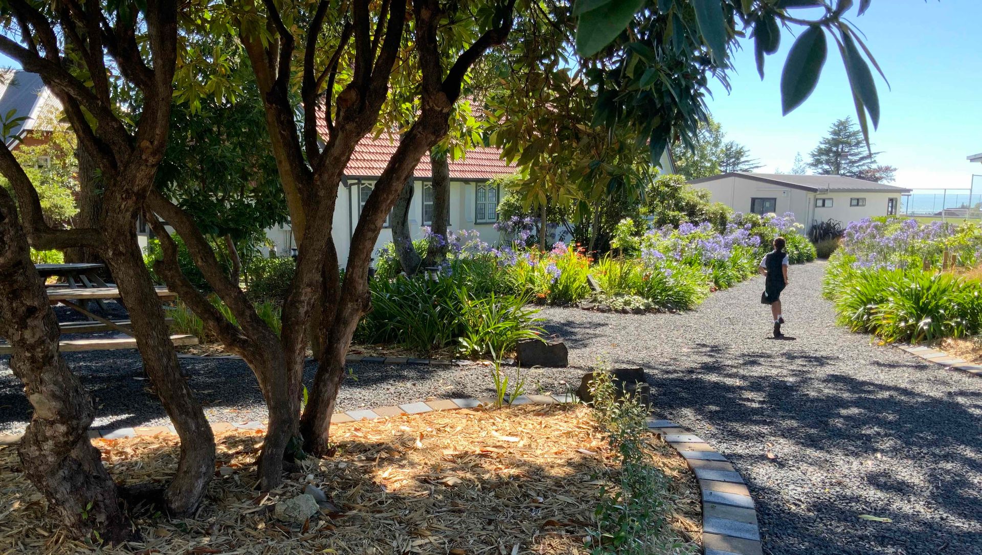 A person is walking down a gravel road in front of a house.
