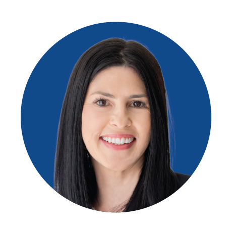 A woman with long black hair is smiling in a blue circle.