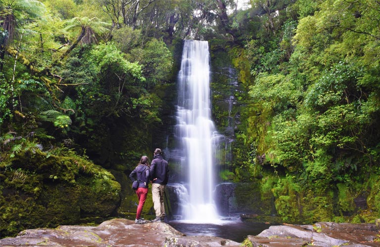 Two people are standing in front of a waterfall in the woods.