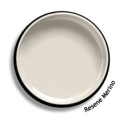 A white plate with a black rim and a swatch of resin merino paint.