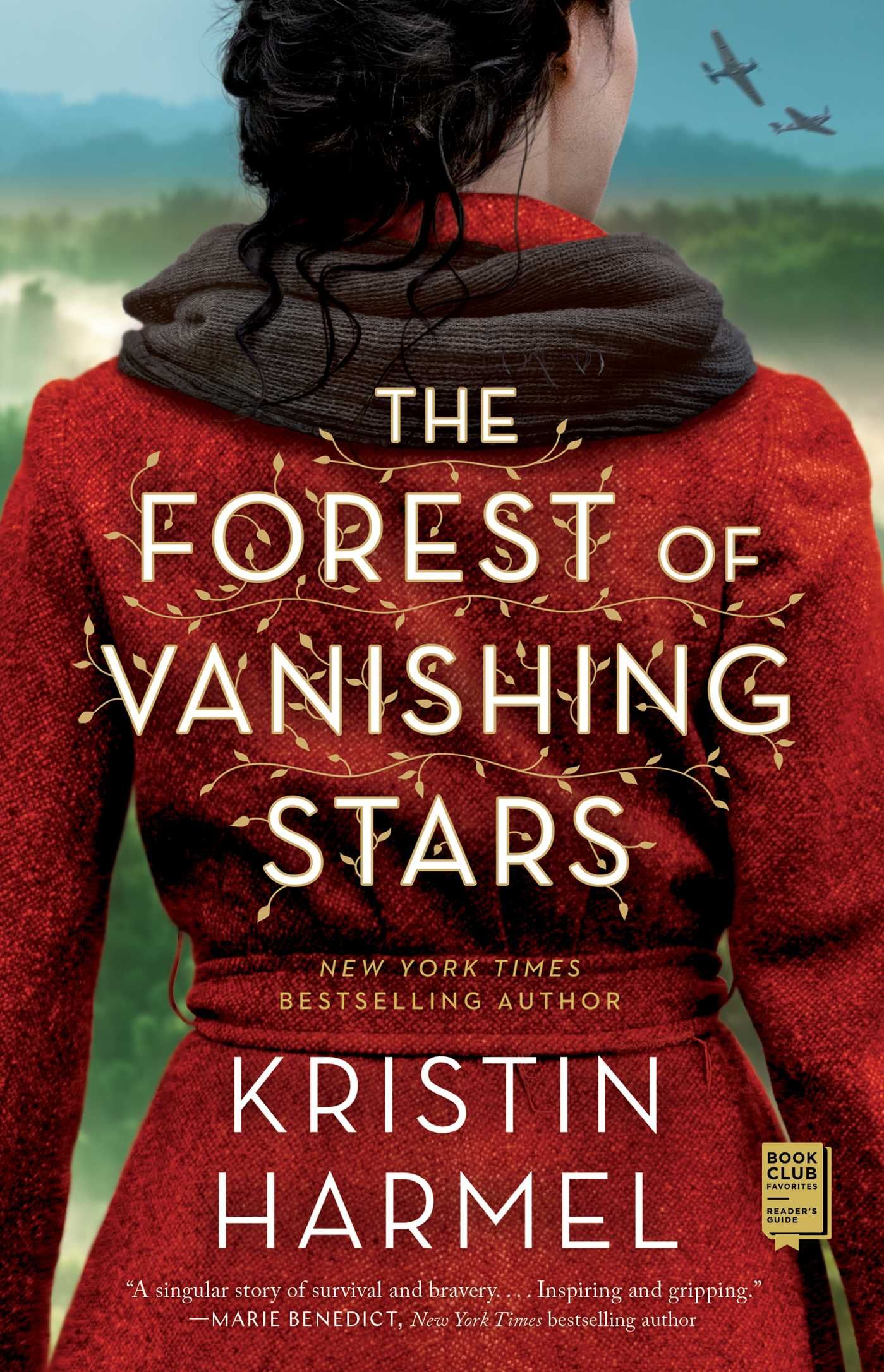 The forest of vanishing stars by kristin harmel has a woman in a red coat on the cover.
